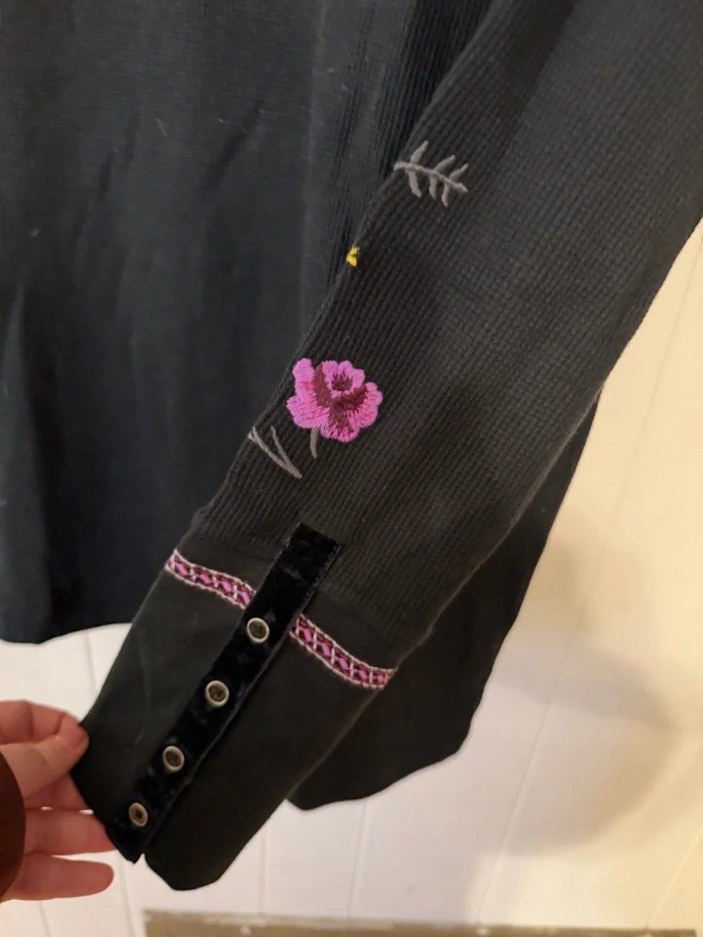 Sundance Black Long Sleeve Tee with Pink & Yellow Floral Embroidery - Picture 2 of 10